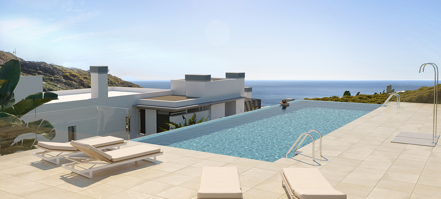 Takvåning med 3 sovrum och två badrum med terrass på 60 m2 och privat pool bredvid stranden med havsutsikt