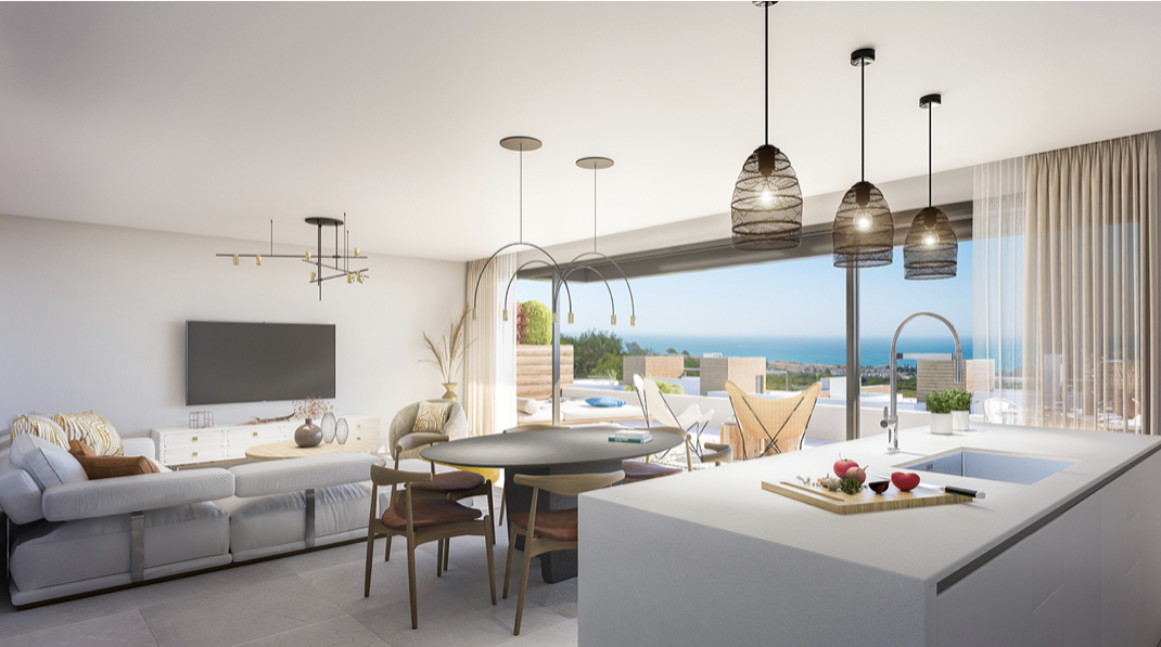 Zeer ruim nieuw appartement in natuurlijke omgeving, met drie slaapkamers met zwembad en privétuin van 128 m2 in Marbella