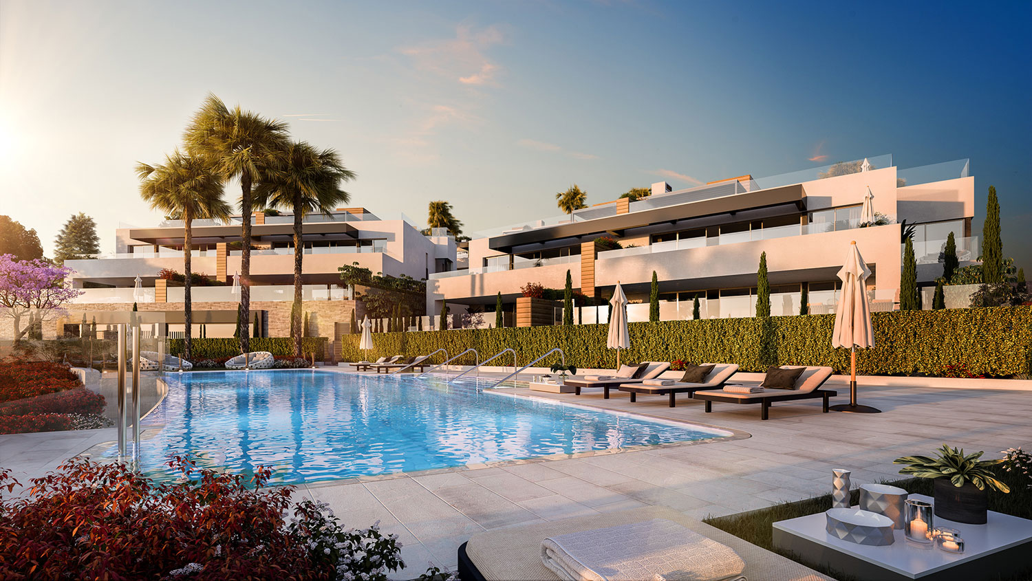 Mycket rymlig ny lägenhet i naturliga omgivningar, med tre sovrum med pool och privat trädgård på 128 m2 i Marbella